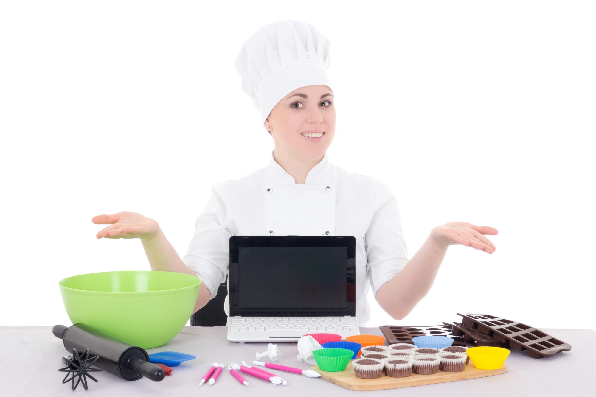 Chef and student in bright kitchen during online class