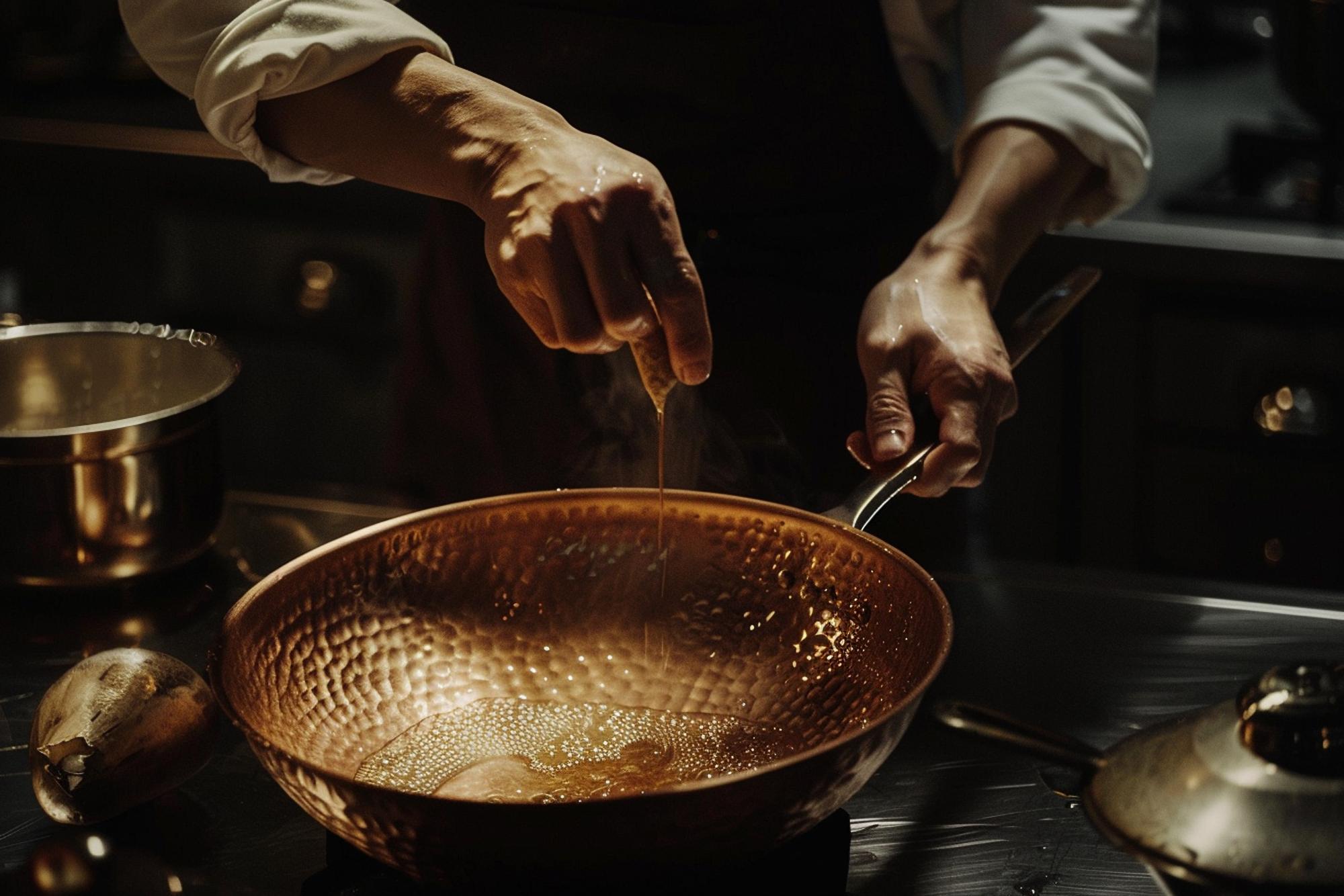 Chef finishing a sauce in copper pan