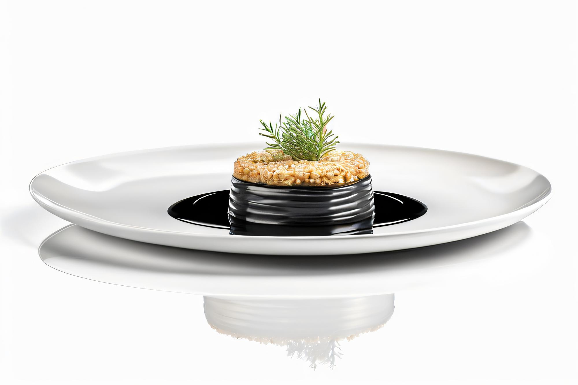 Chef preparing a plated gourmet dish in elegant kitchen